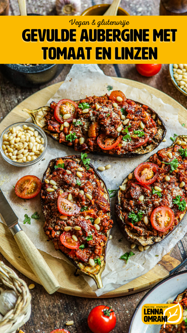 Gevulde aubergine uit de oven met tomaat en linzen