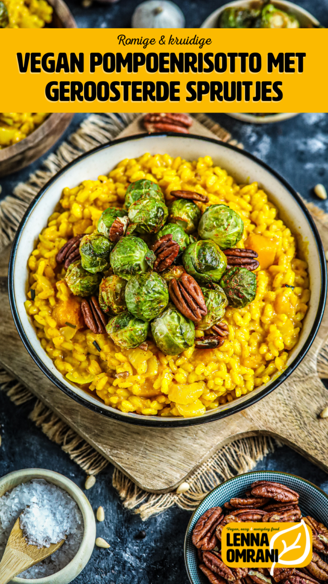 vegan pompoen risotto met geroosterde spruitjes